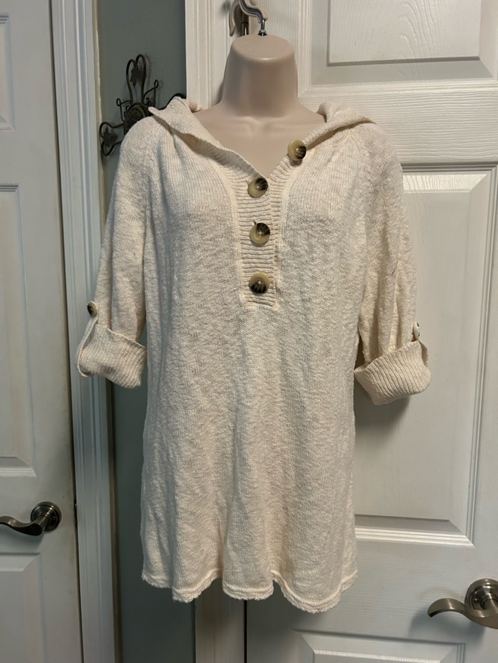 Cozy Button-Front Hooded Pullover Cream Top SS Sweater Fishermancore Coastal